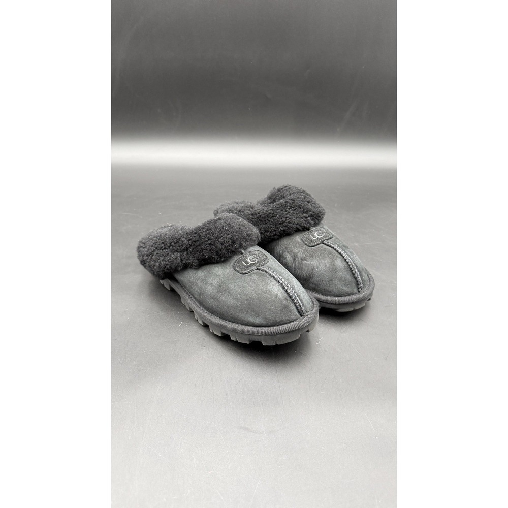 UGG Coquette Slippers Black Shearling Suede Slip On Mule Womens 8 Rubber‎ Sole